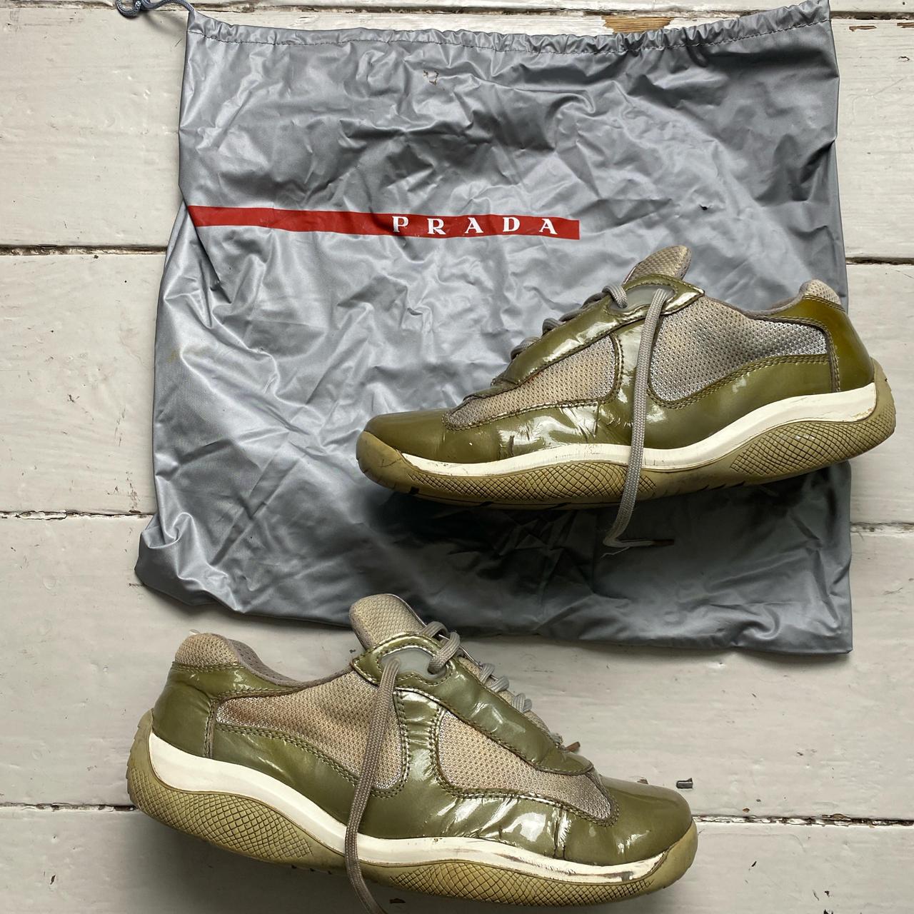 Prada Americas Cup Vintage Khaki Patent and Grey Low Trainers