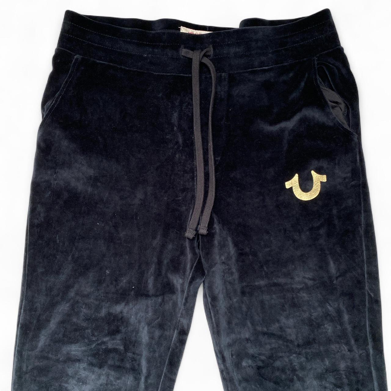 True Religion Black Velour Gold and White Stitch Baggy Joggers