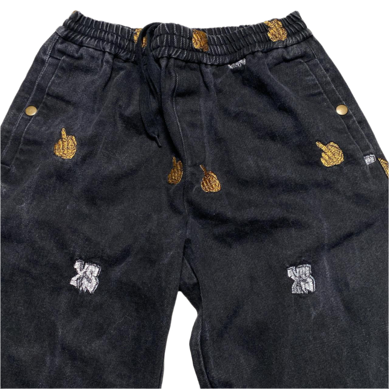 Yardsale Skateboards Black White and Gold Middle Fingers Denim Joggers (M)