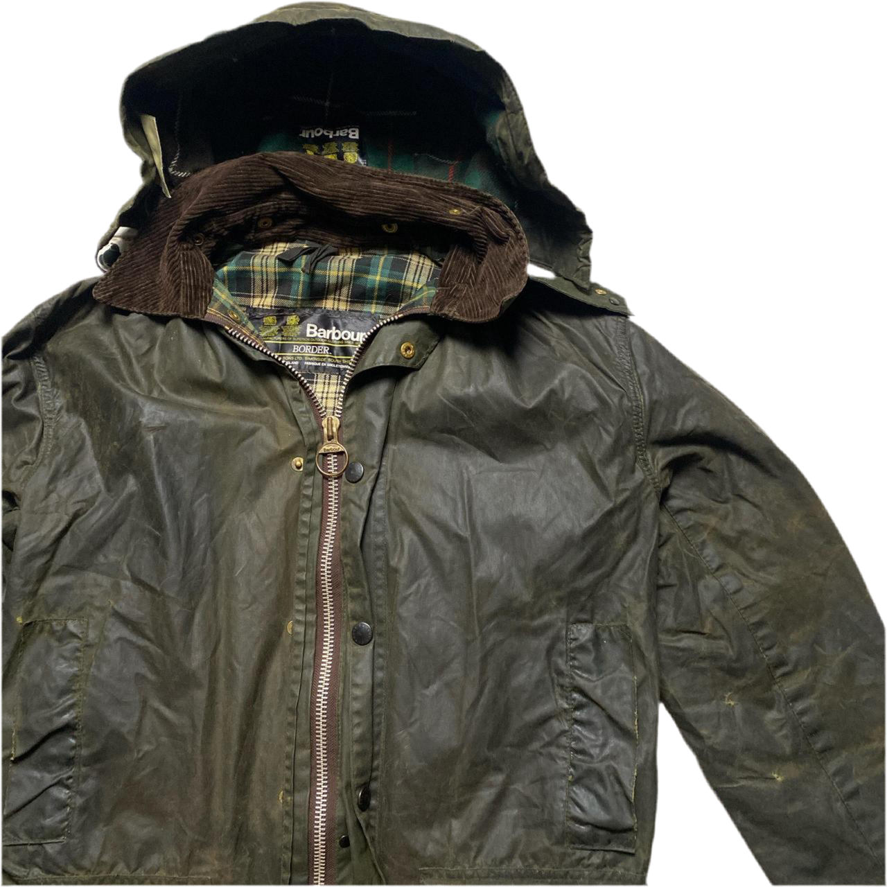 Barbour Waxed Border Khaki Green Tartan Parka Hooded Jacket (L)