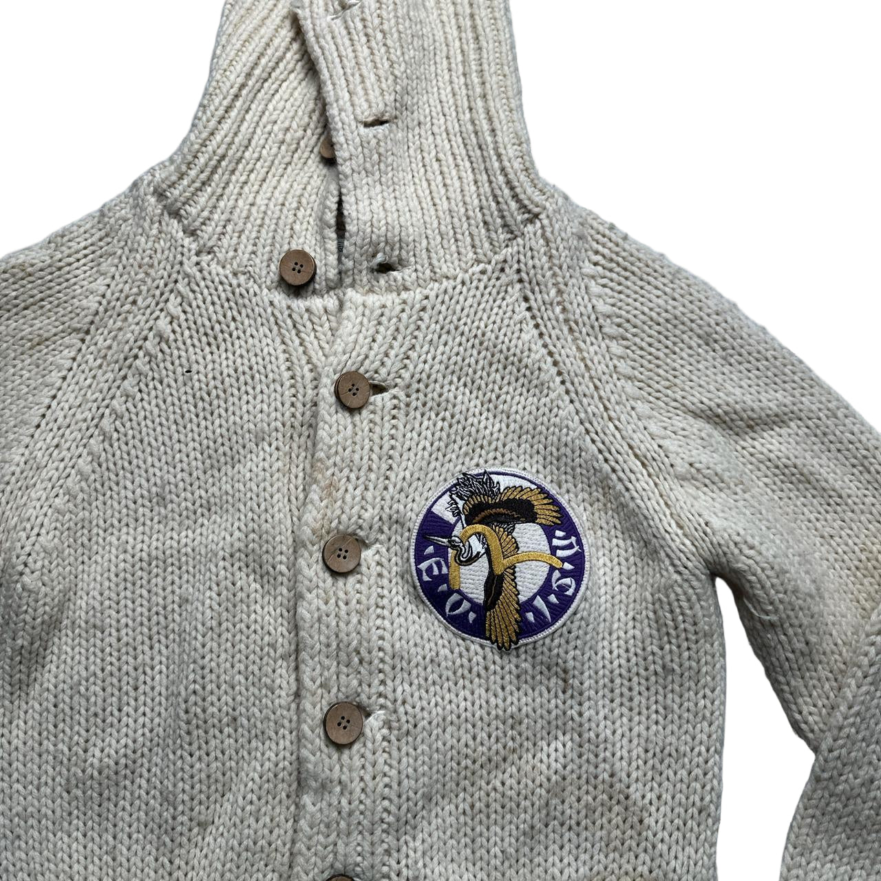 Evisu Vintage Wool Cream Button Up Embroidery Heron Jumper (L)