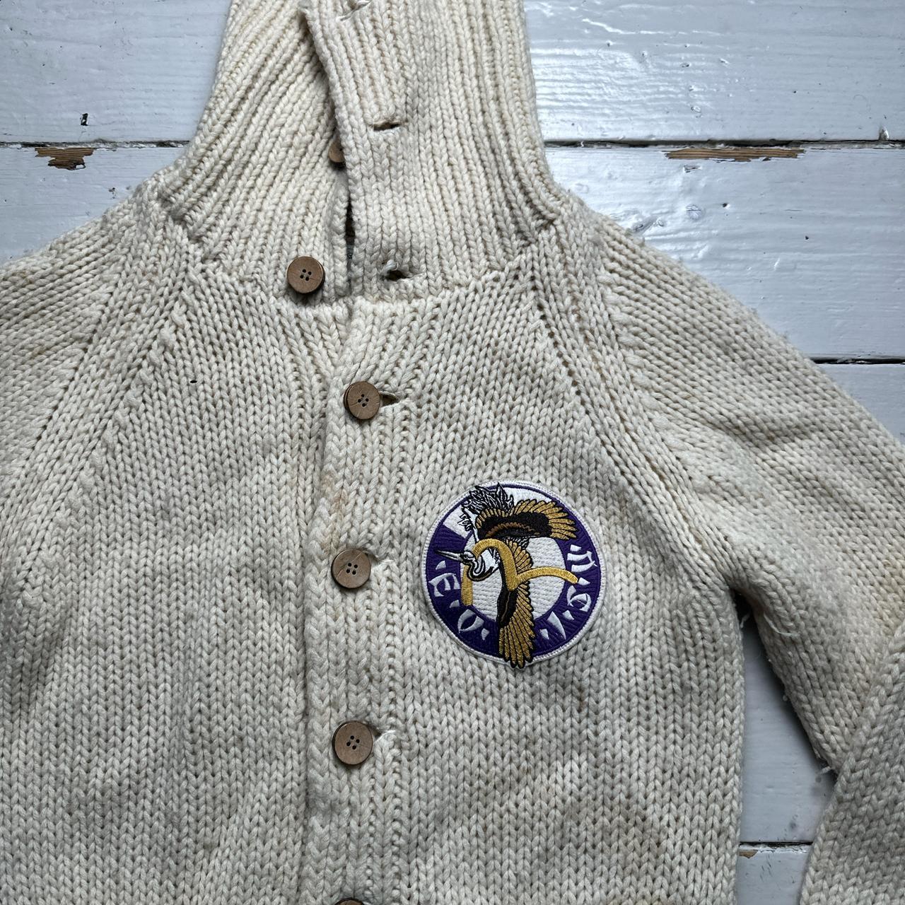 Evisu Vintage Wool Cream Button Up Embroidery Heron Jumper