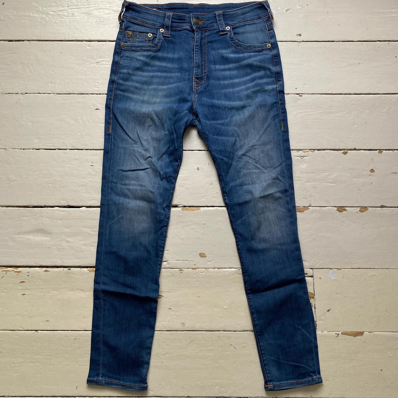 True Religion Jack Slim Blue and Gold Stitch Jeans