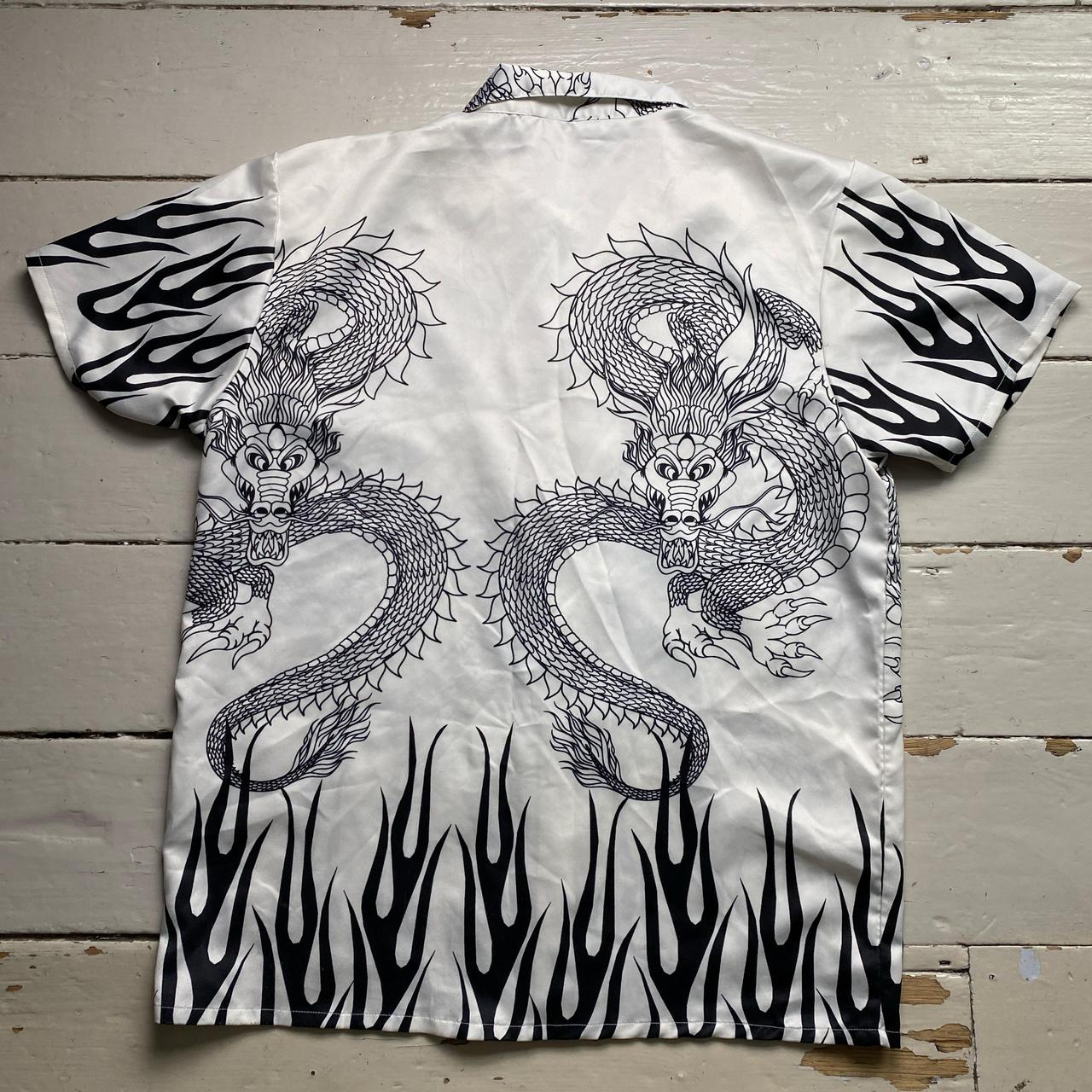 Y2K Dragon and Flames White and Black Silk Shirt