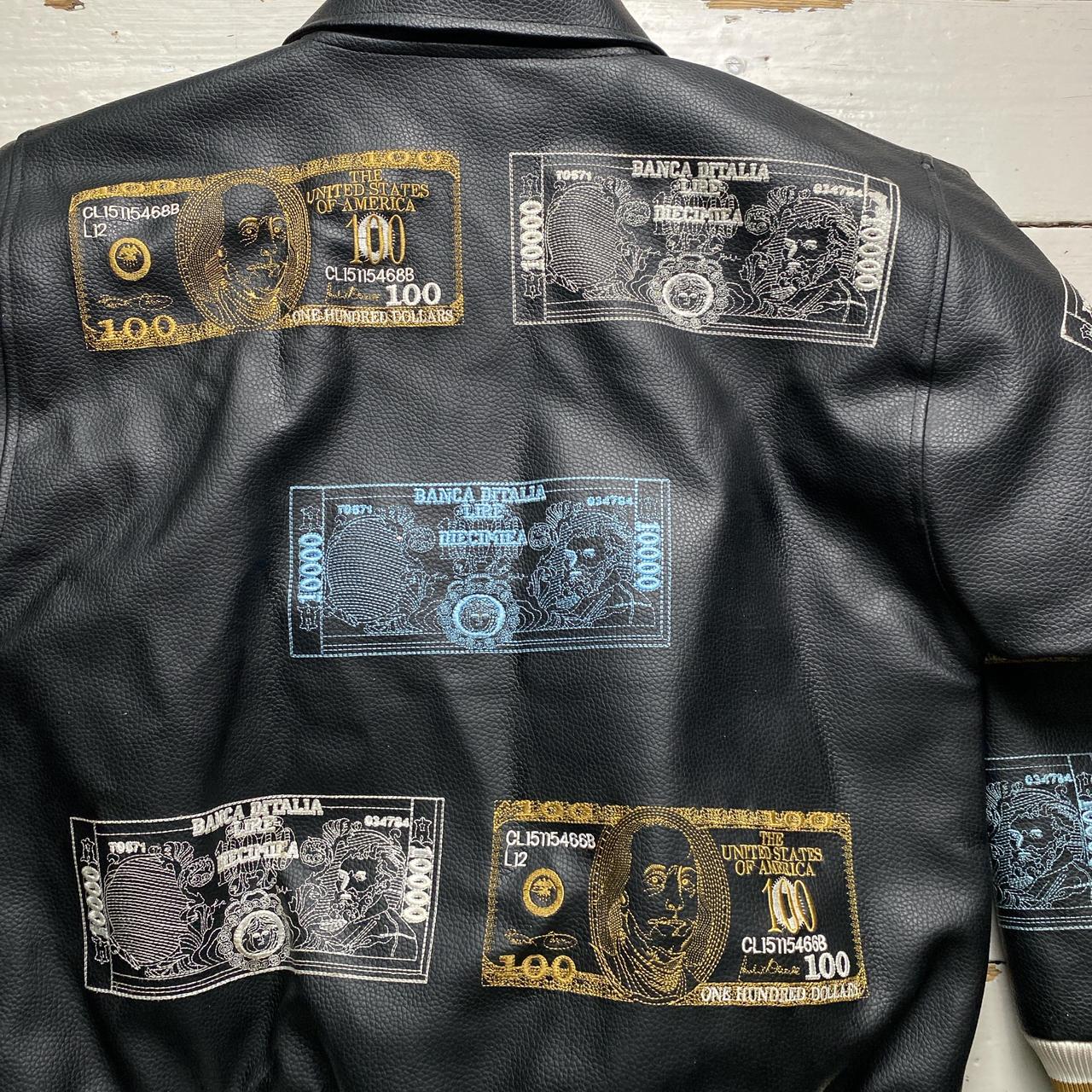 Raw Blue Dollar Bill and Italian Money Embroidery Leather Vintage Bomber Jacket