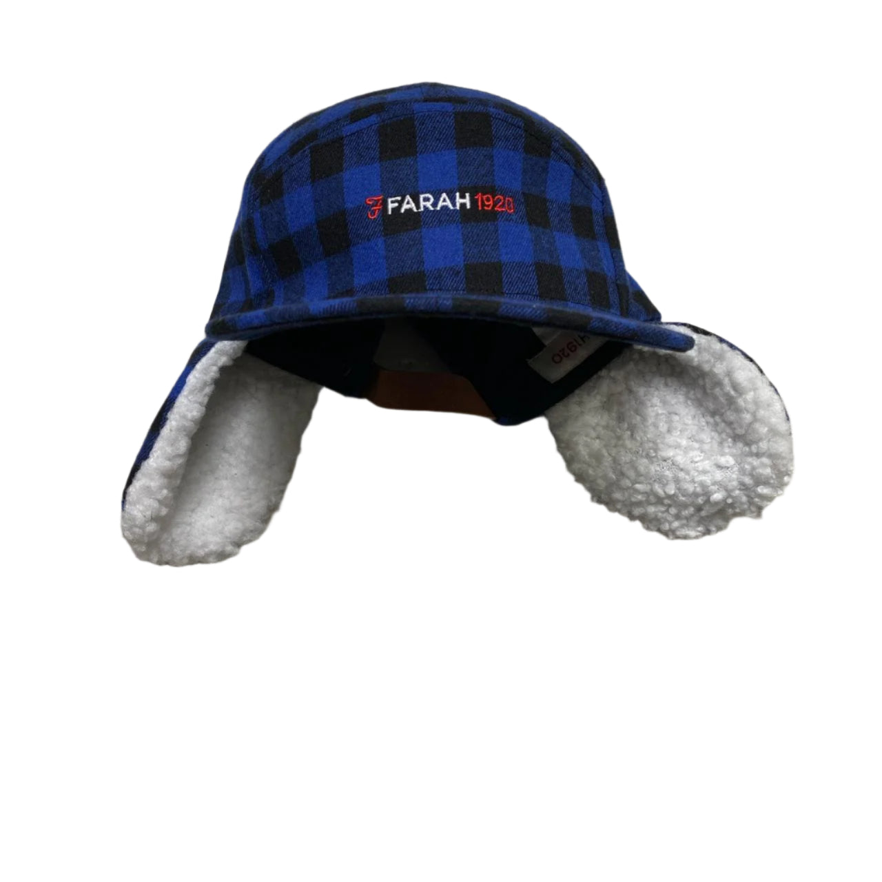 Farah Checked Blue and Black Plaid Dog Ear Trapper Ear Flap Hat