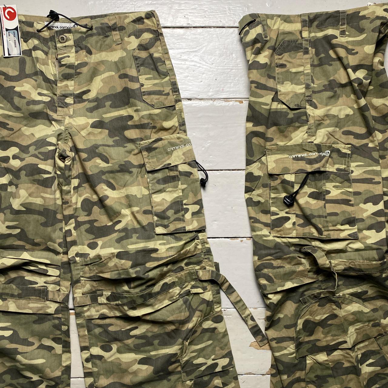 Criminal Damage Light Green Khaki Camouflage Cargo Baggy Vintage y2k Combat Trousers