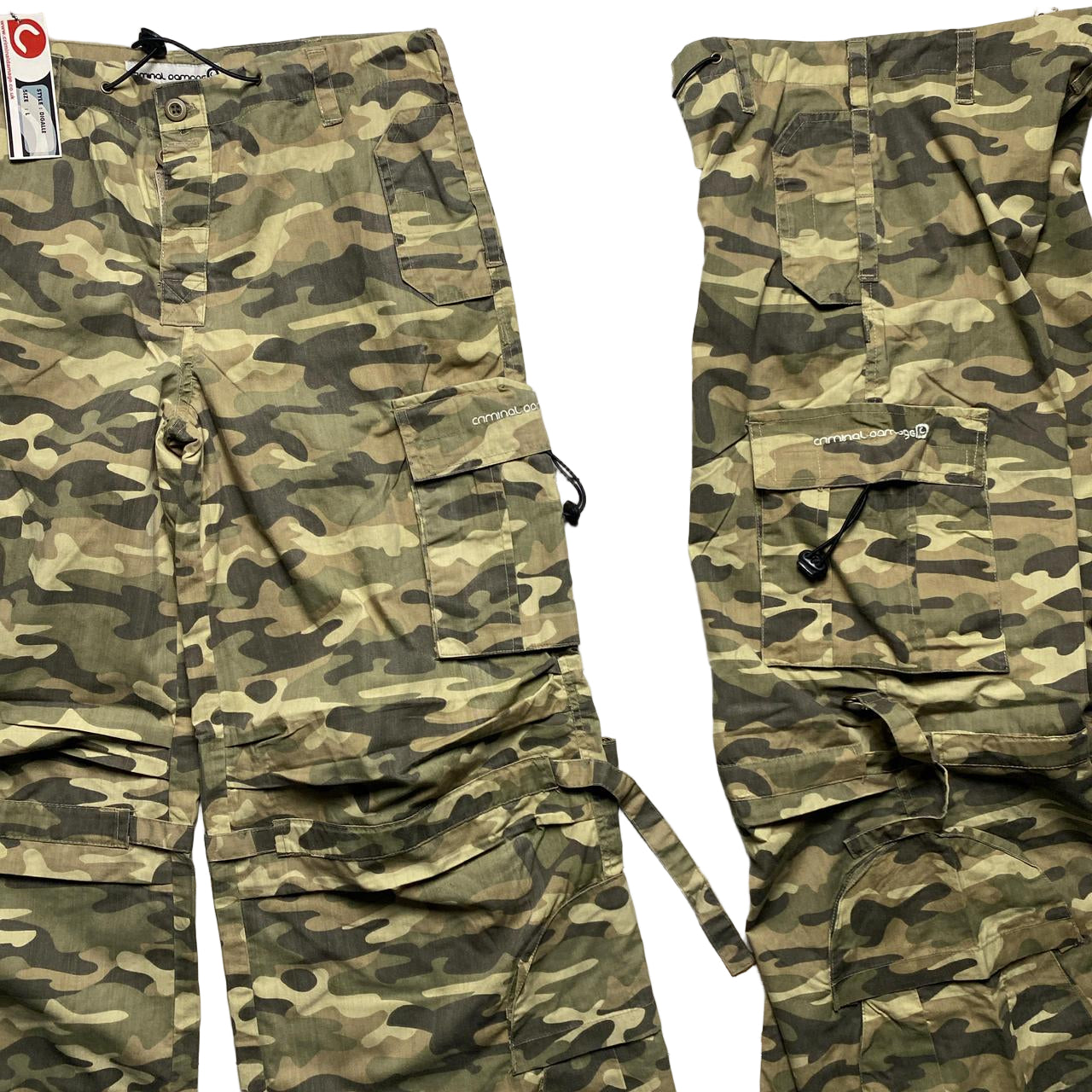 Criminal Damage Light Green Khaki Camouflage Cargo Baggy Vintage y2k Combat Trousers (30/32W)