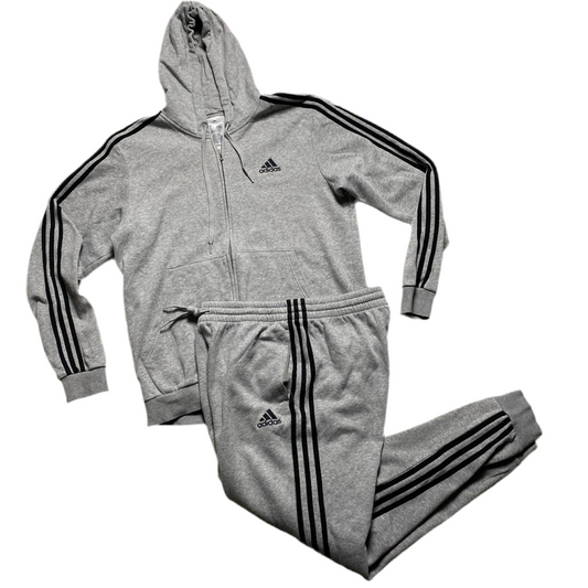 Adidas Essentials Grey and Black Stripes Full Tracksuit (L)