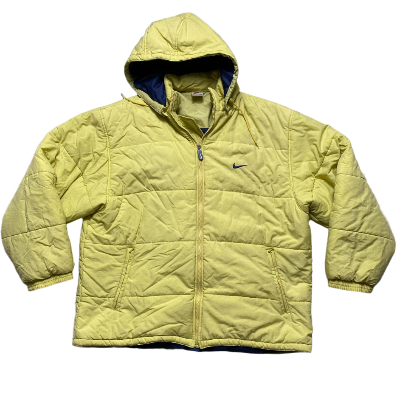 Nike Vintage 90’s Yellow White and Blue Big Logo Puffer Jacket (XL)