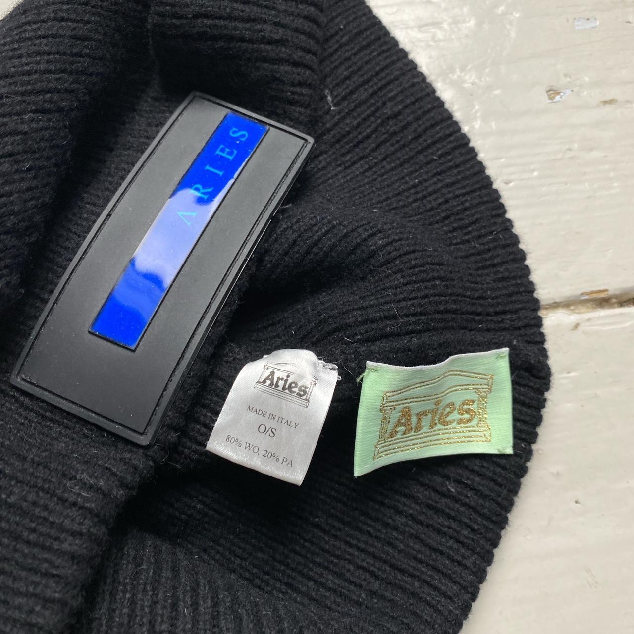 Aries Rubber Patch Black and Blue Strip Beanie Hat