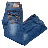 True Religion Joey Rainbow Stitch Orange and Blue Jeans (38W)