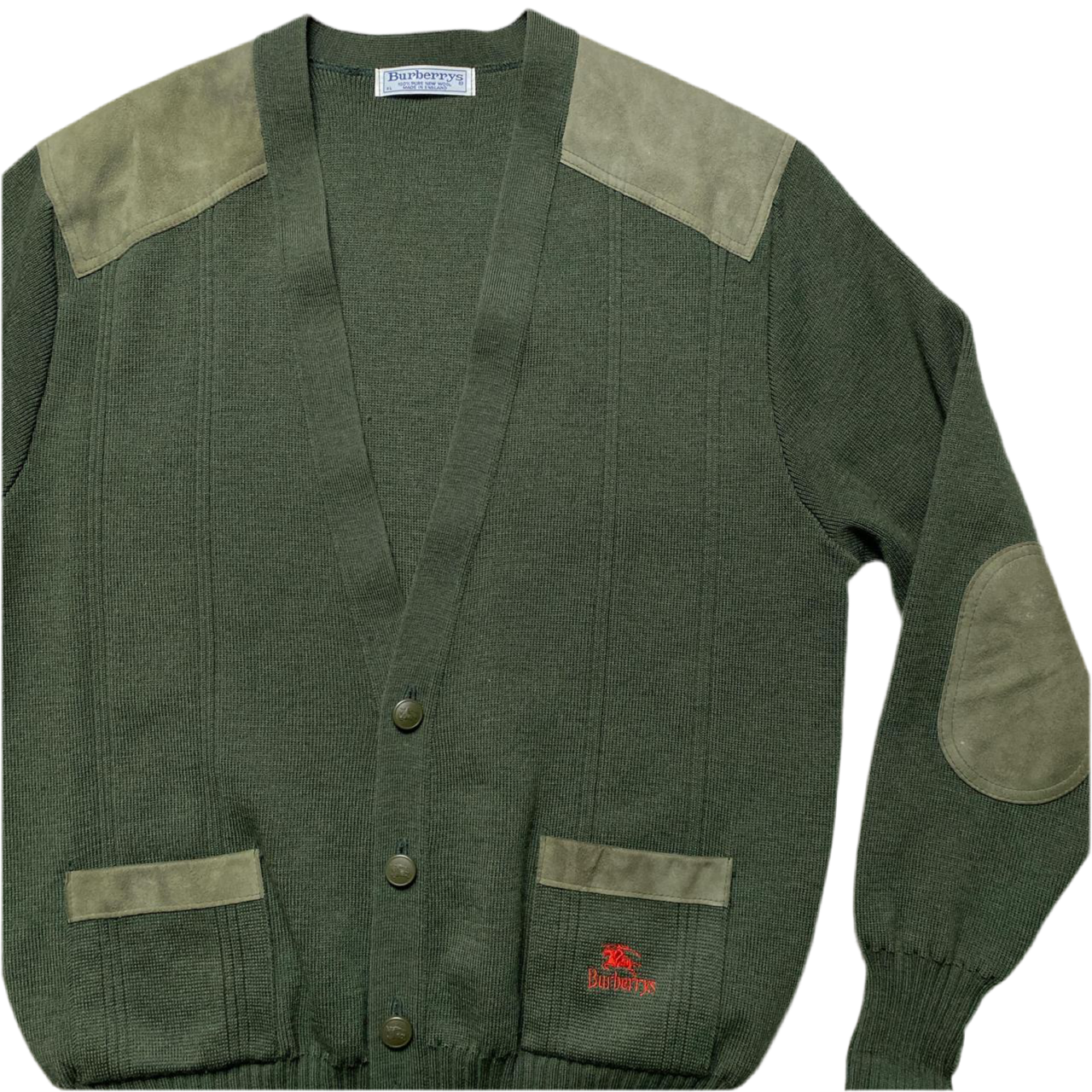 Burberry Burberrys Vintage 90’s Khaki Green Knit Cardigan with Suede Panels (XL)
