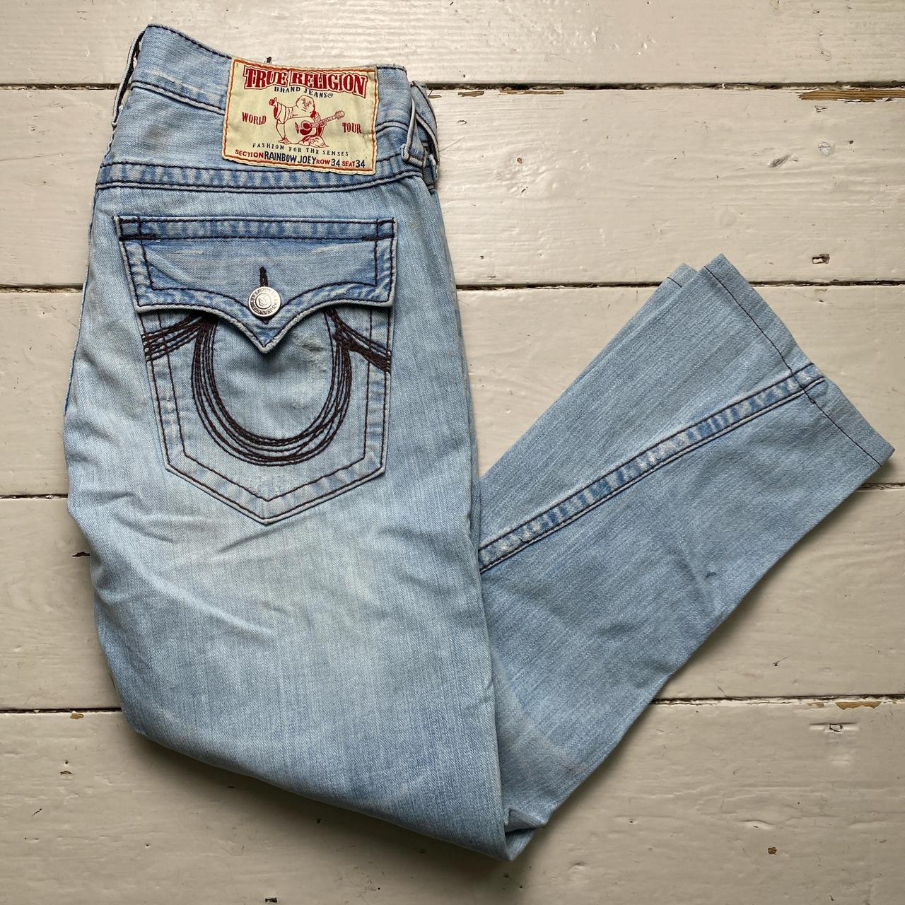 True Religion Light Blue and Brown Stitch Rainbow Joey Jeans