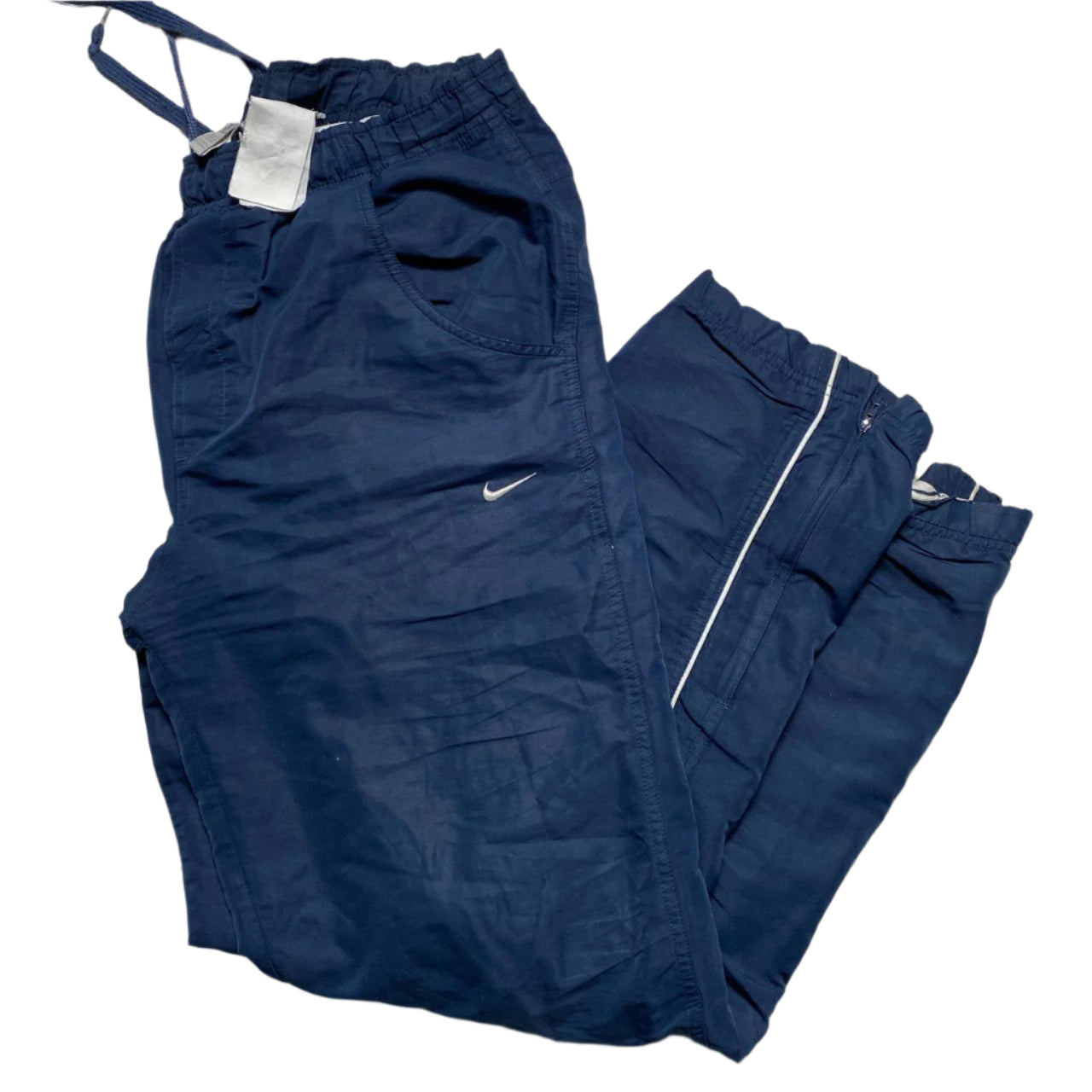 Nike Vintage y2k Navy and White Swoosg Shell Trackpant Baggy Bottoms (L)