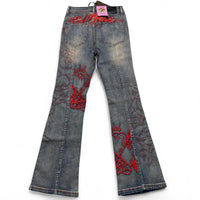 Ed Hardy y2k Light Blue Stonewashed Red Embroidery Love Flared Womens Jeans (27W)
