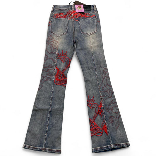 Ed Hardy y2k Light Blue Stonewashed Red Embroidery Love Flared Womens Jeans (27W)