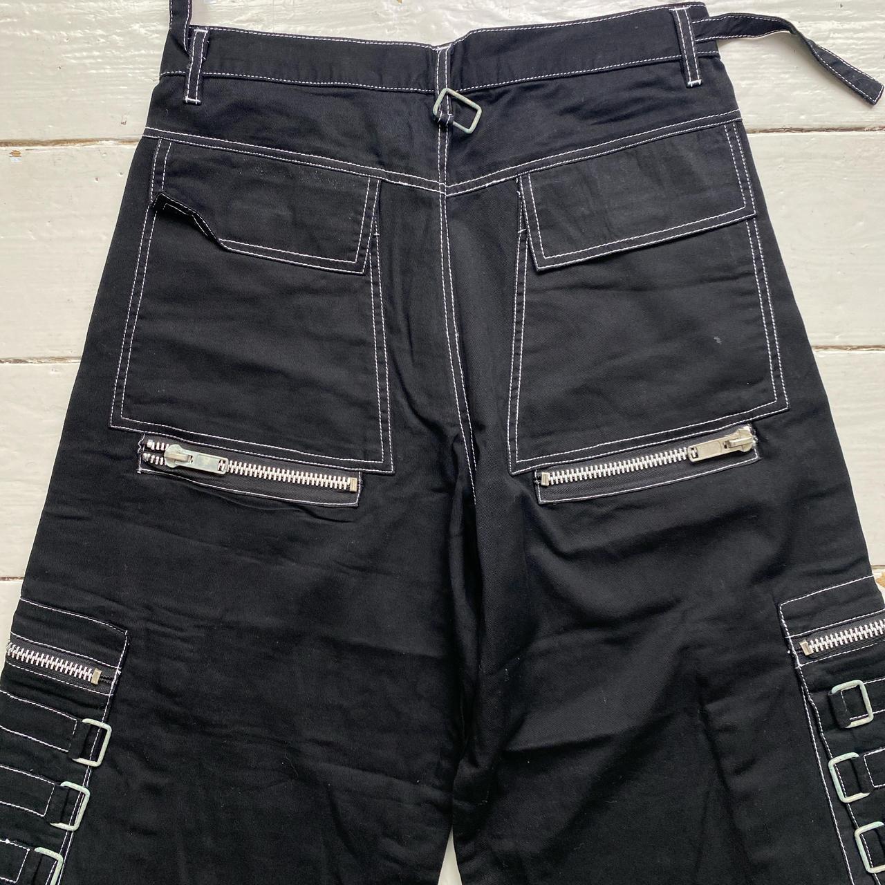 Criminal Damage Bondage Black and Silver Zipper Buckle Baggy Jean Cargo Trousers