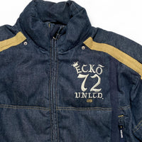 Ecko UNLTD Vintage Denim Navy and Brown Embroidery Puffer Jacket (L)