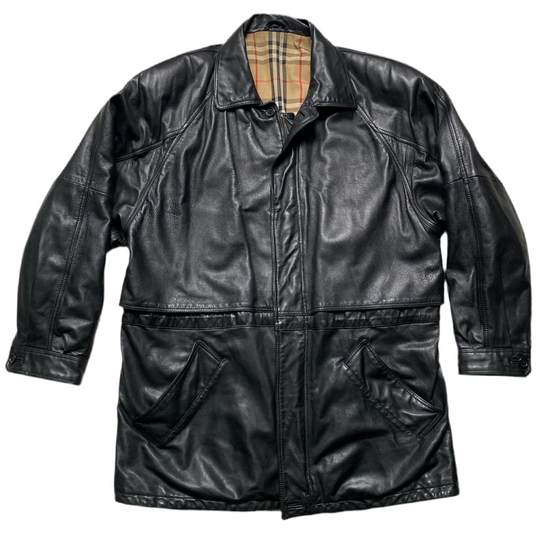 Burberry Burberrys Vintage Black Leather Trench Coat (XL)