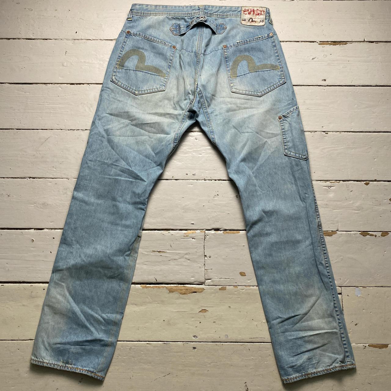 Evisu Baggy Cargo Jeans Light Blue with Cream Daicock Swoosh