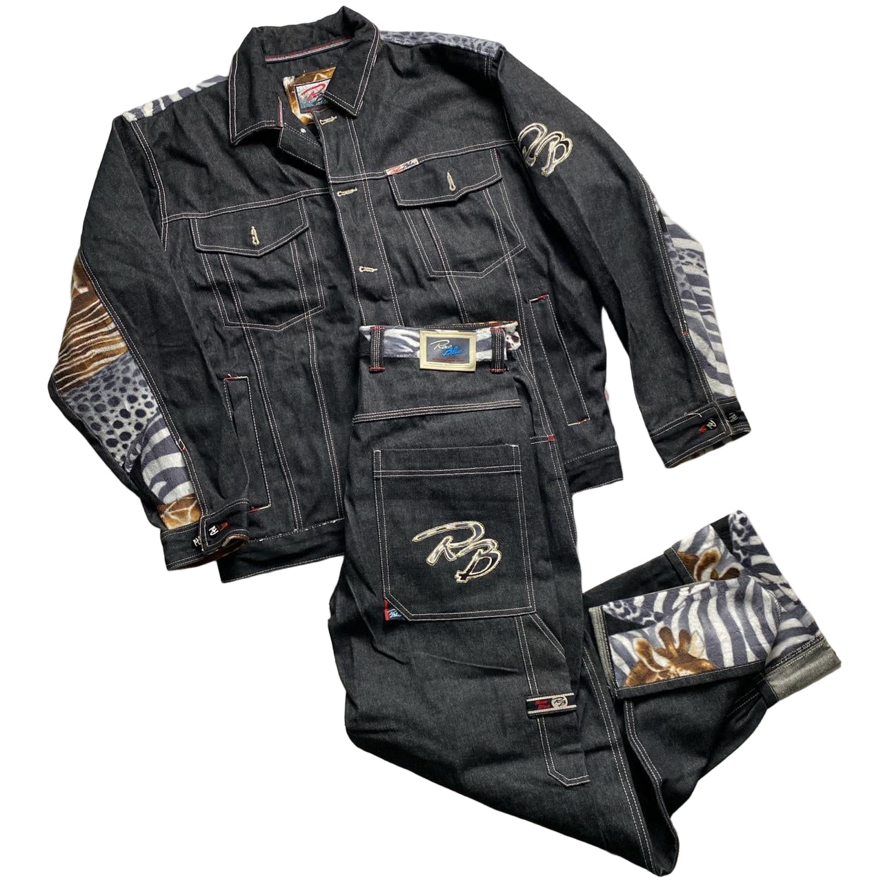 Raw Blue Full Denim Giraffe and Zebra Wildlife Jeans Set (L)