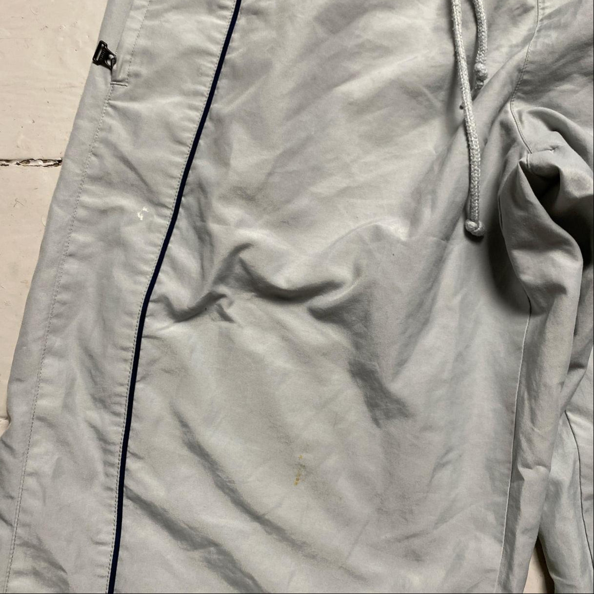 Nike Silver Grey and Navy Swoosh and Tribal Spellout Shell Baggy Trackpant Bottoms (L)
