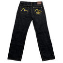 Evisu Kuro Indigo Dark Black Denim and Yellow Embroidered Swoosh Jeans (W 38)