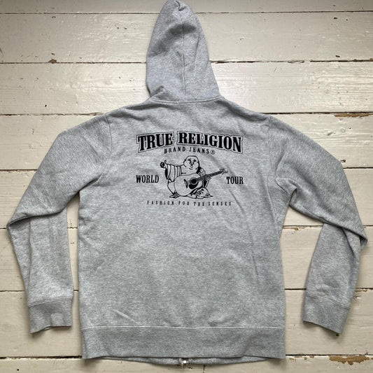 True Religion Grey and Black Suede Felt Logos Hoodie