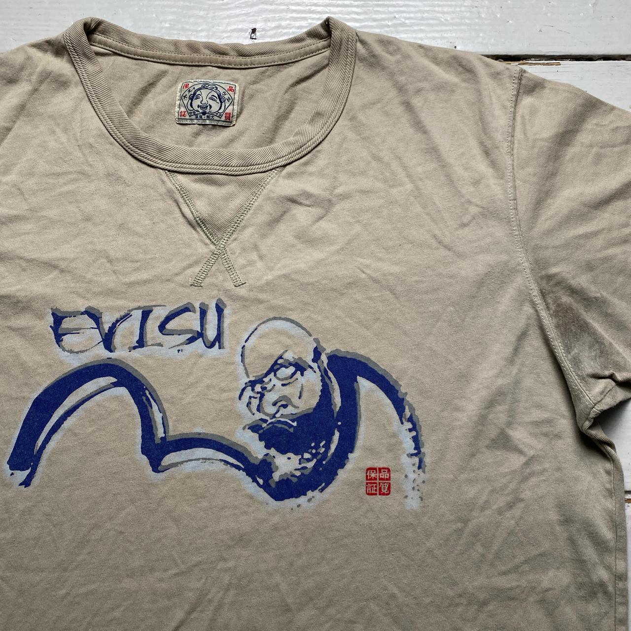 Evisu Vintage Tan and Blue Buddha Daicock Swoosh T Shirt