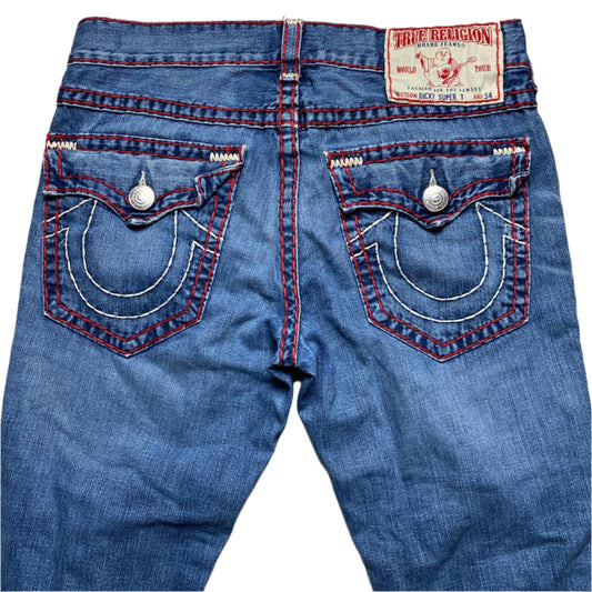 True Religion Ricky Super T Big Red and White Stitch Blue Jeans (34W)
