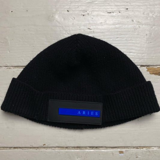 Aries Rubber Patch Black and Blue Strip Beanie Hat