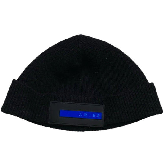 Aries Rubber Patch Black and Blue Strip Beanie Hat