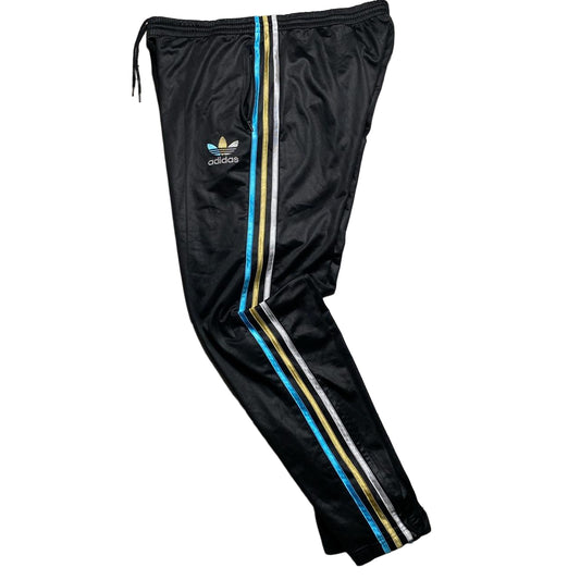 Adidas Chile 62 Vintage Satin Black Gold Silver and Blue Stripes Bottoms (L)