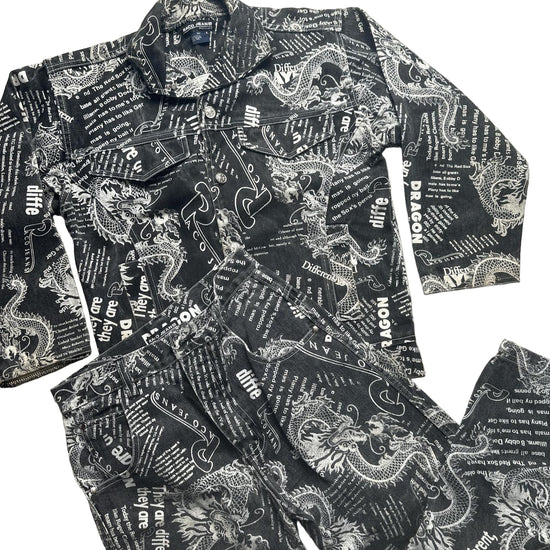 Raco Jeans Vintage 90’s Dragon Newspaper Transcript Denim Suit Jacket and Jeans (WOMEN.S)
