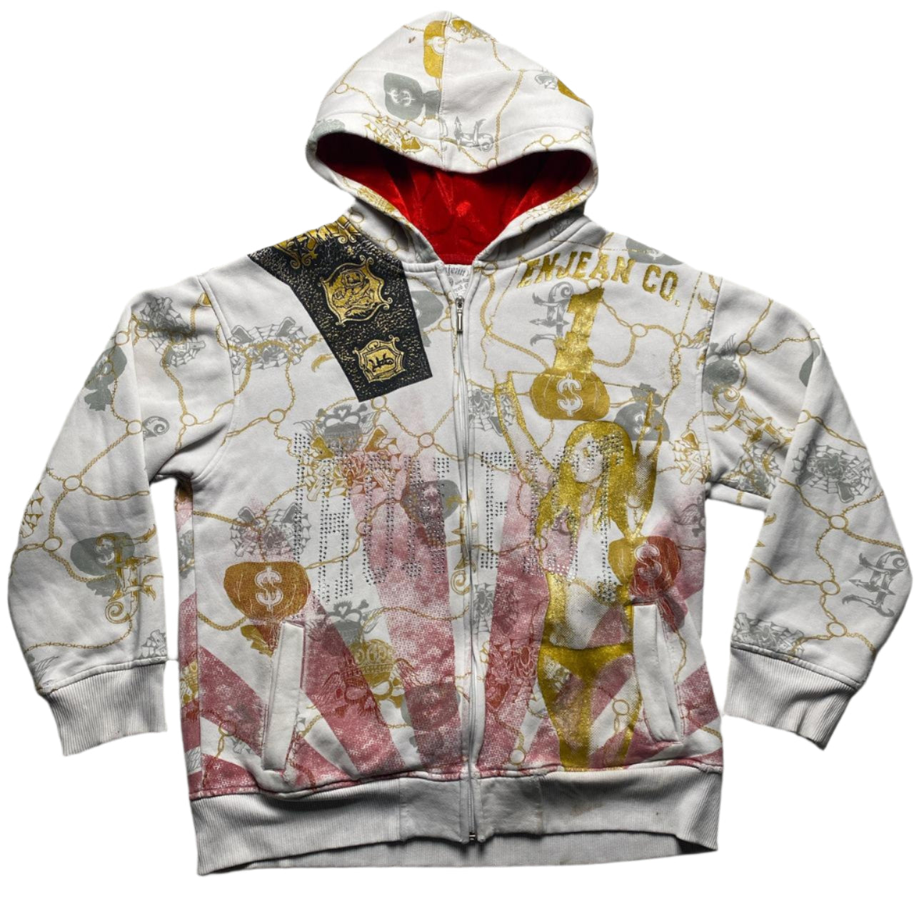 Enjean Vintage y2k Diamante Rhinestone Graphic Prints White Hoodie (M)