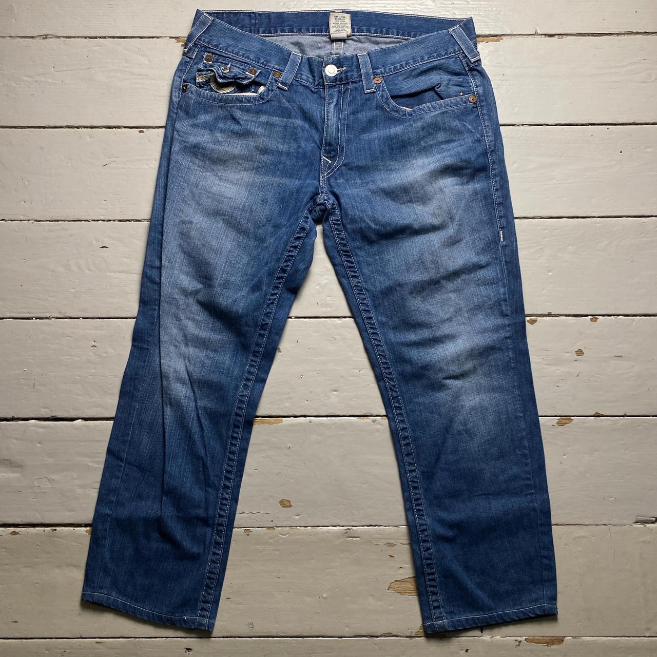 True Religion Blue and White Stitch Straight Baggy Jeans