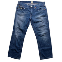 True Religion Blue and White Stitch Straight Baggy Jeans (36W)