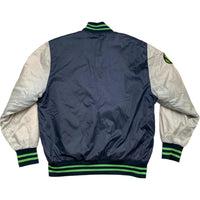 FUBU Navy Silver and Green Bomber Varsity Jacket (L)