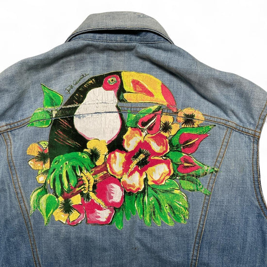 Just Cavalli Hand Painted Hawaiian Bird and Floral Denim Vest Gilet Jacket (M)
