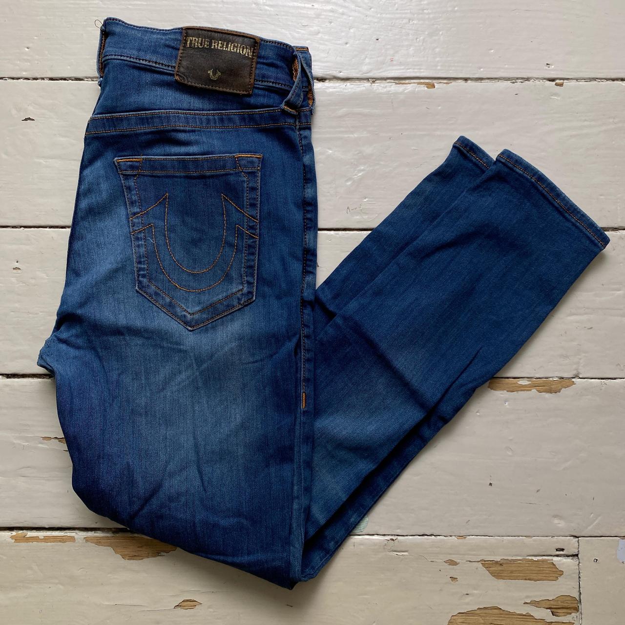 True Religion Jack Slim Blue and Gold Stitch Jeans