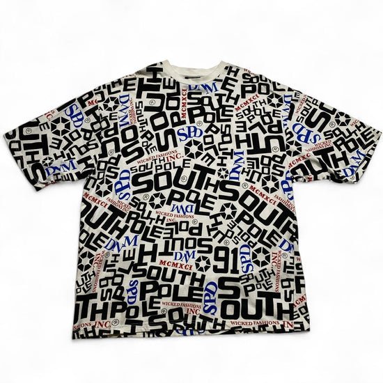 South Pole White Black Blue and Red Vintage 90’s y2k All Over Prints T Shirt (2XL)