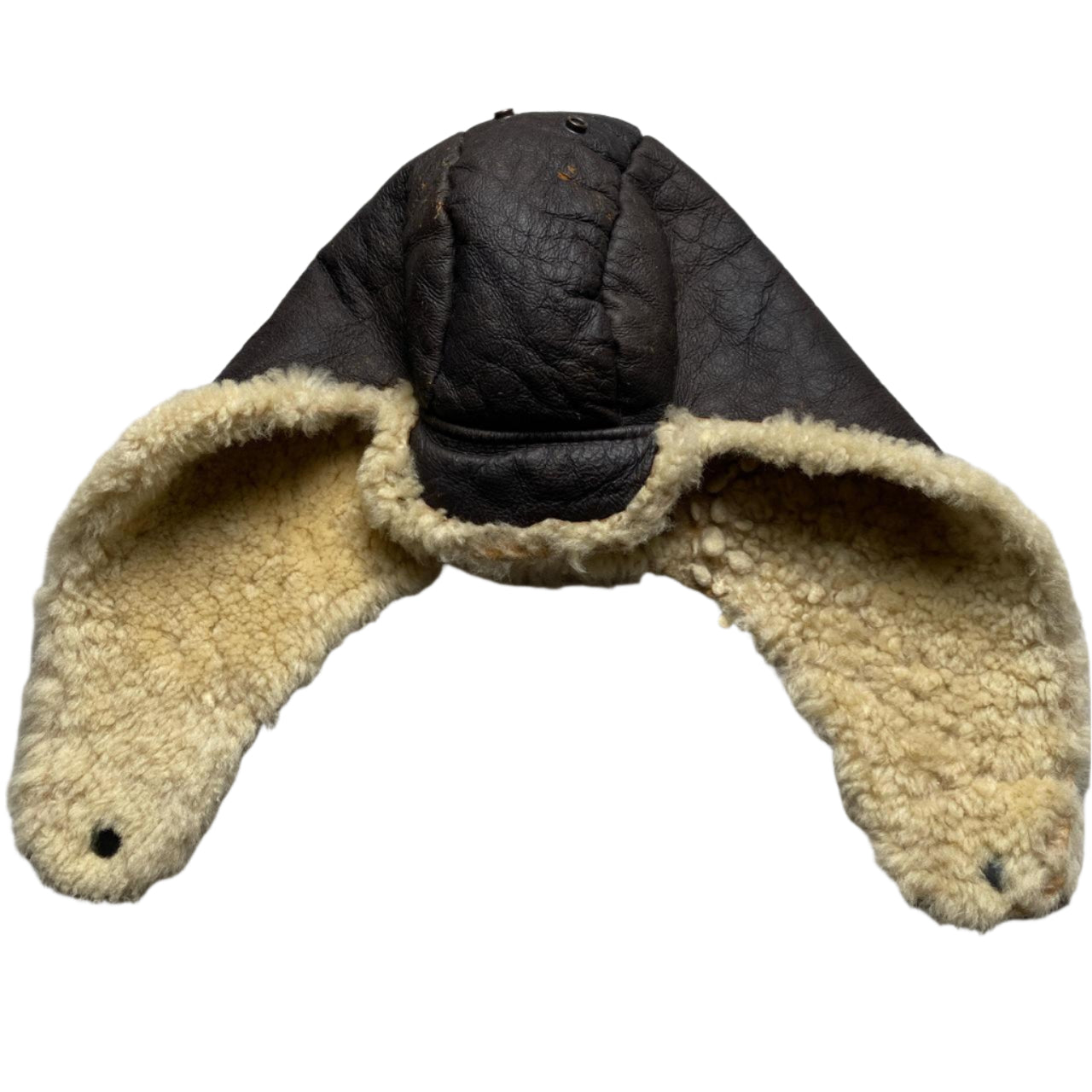 Sheepskin Leather Vintage Dog Ear Trapper Hat Brown and Cream