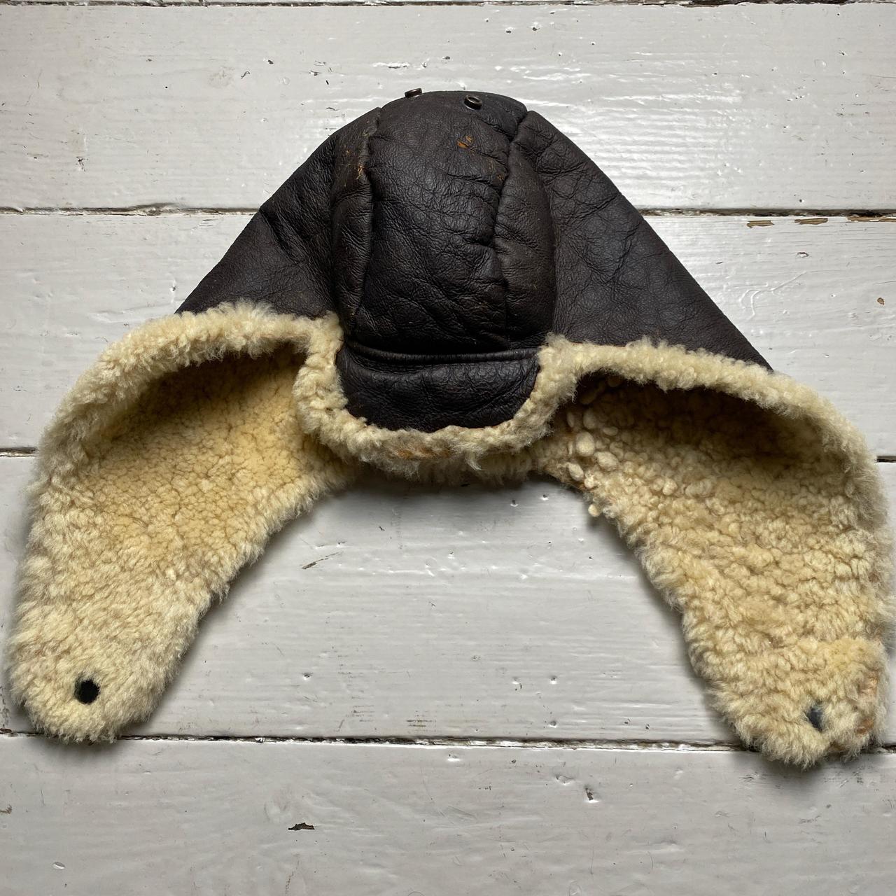 Sheepskin Leather Vintage Dog Ear Trapper Hat Brown and Cream