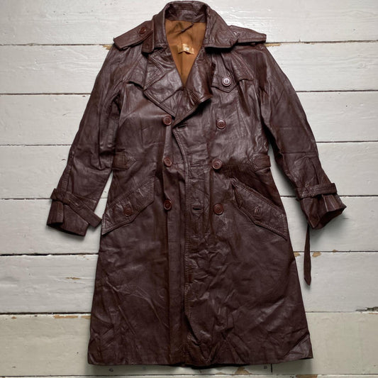 Vintage Brown Leather Spanish Trench Long Coat