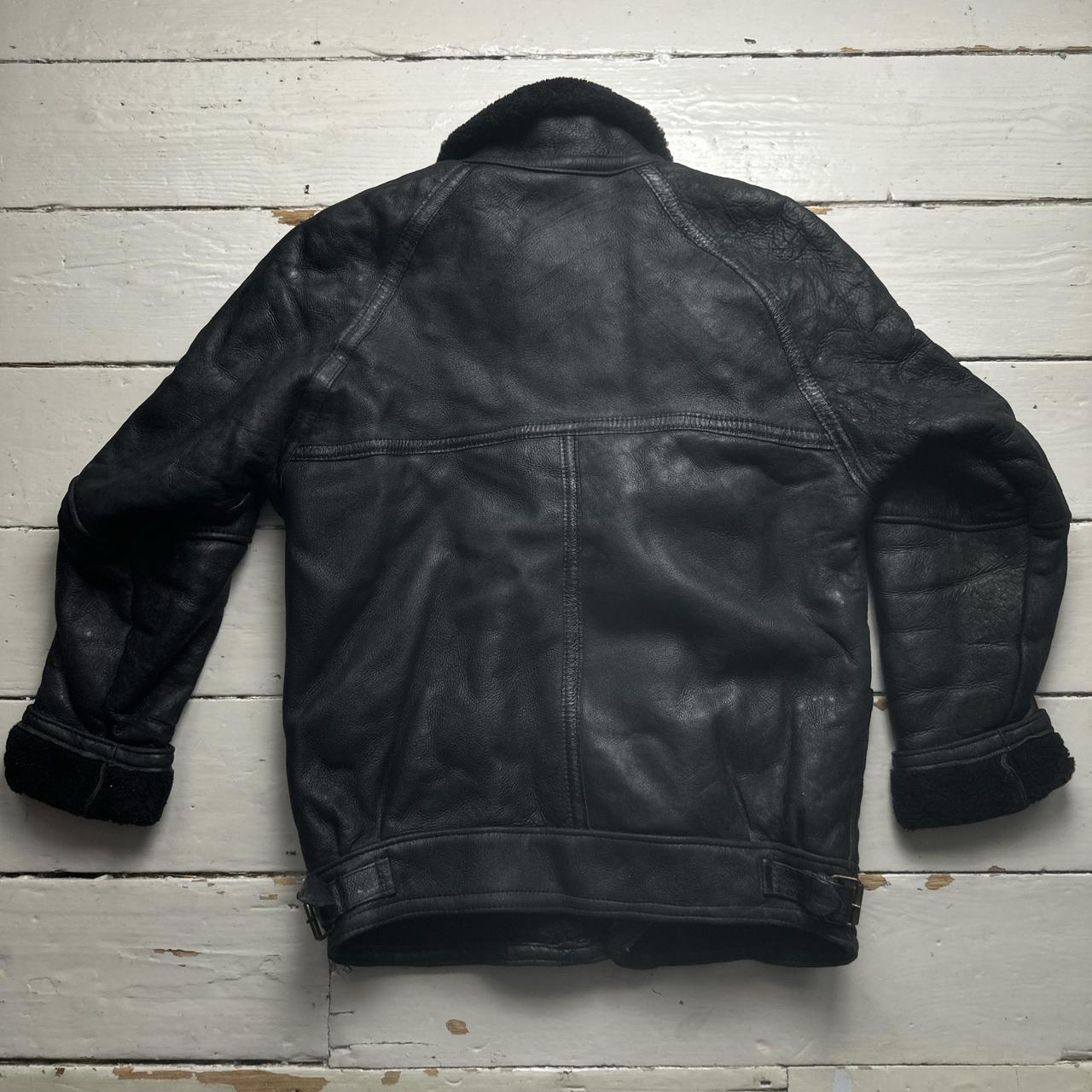 Real Sheepskin Sherling Leather Duffle Bomber Coat Black