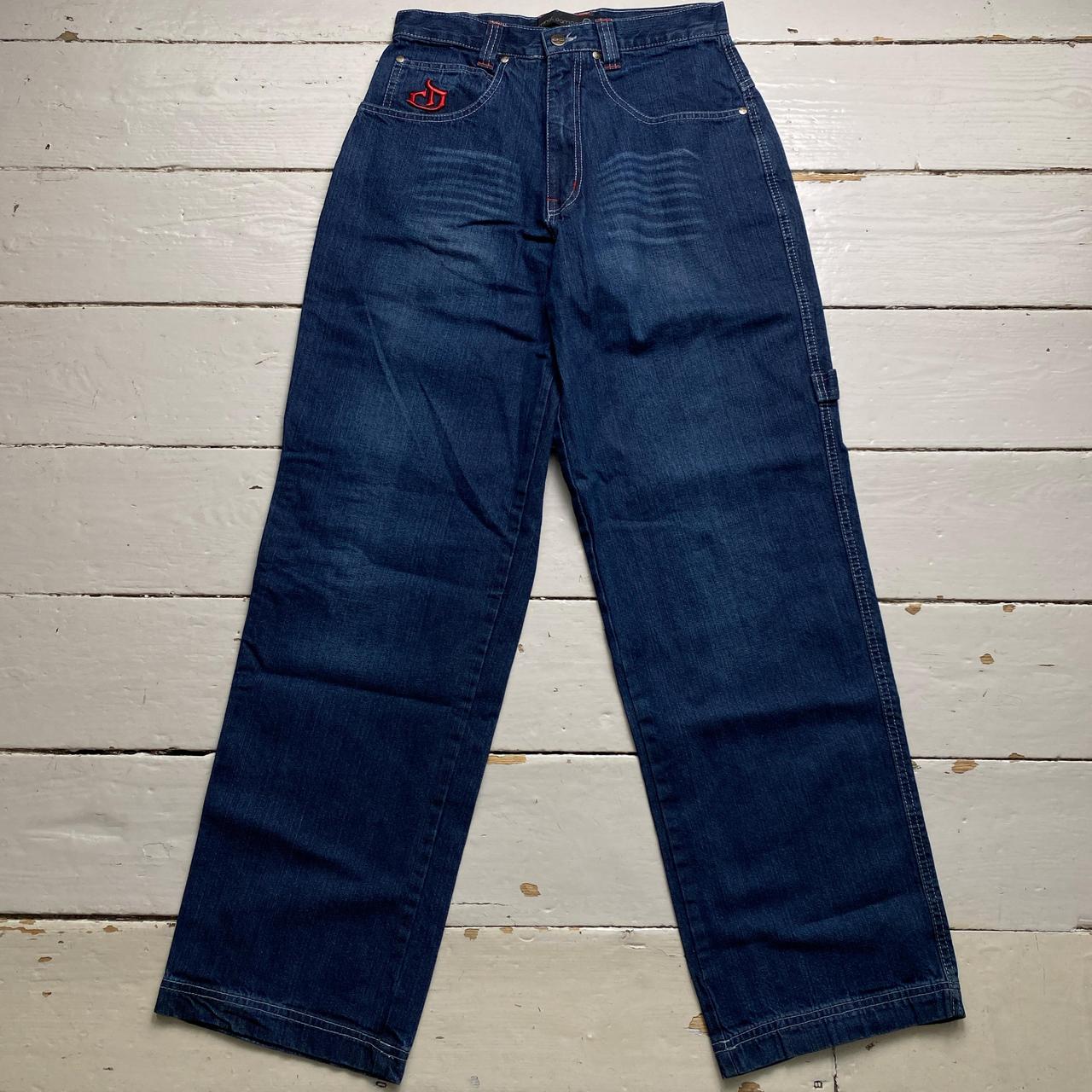 Criminal Damage Baggy Carpenter Jeans Navy and Red Embroidery