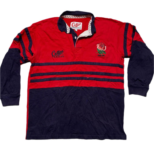 England Vintage Cotton Traders Rugby Polo Long Sleeve Shirt Red and Navy (XL)