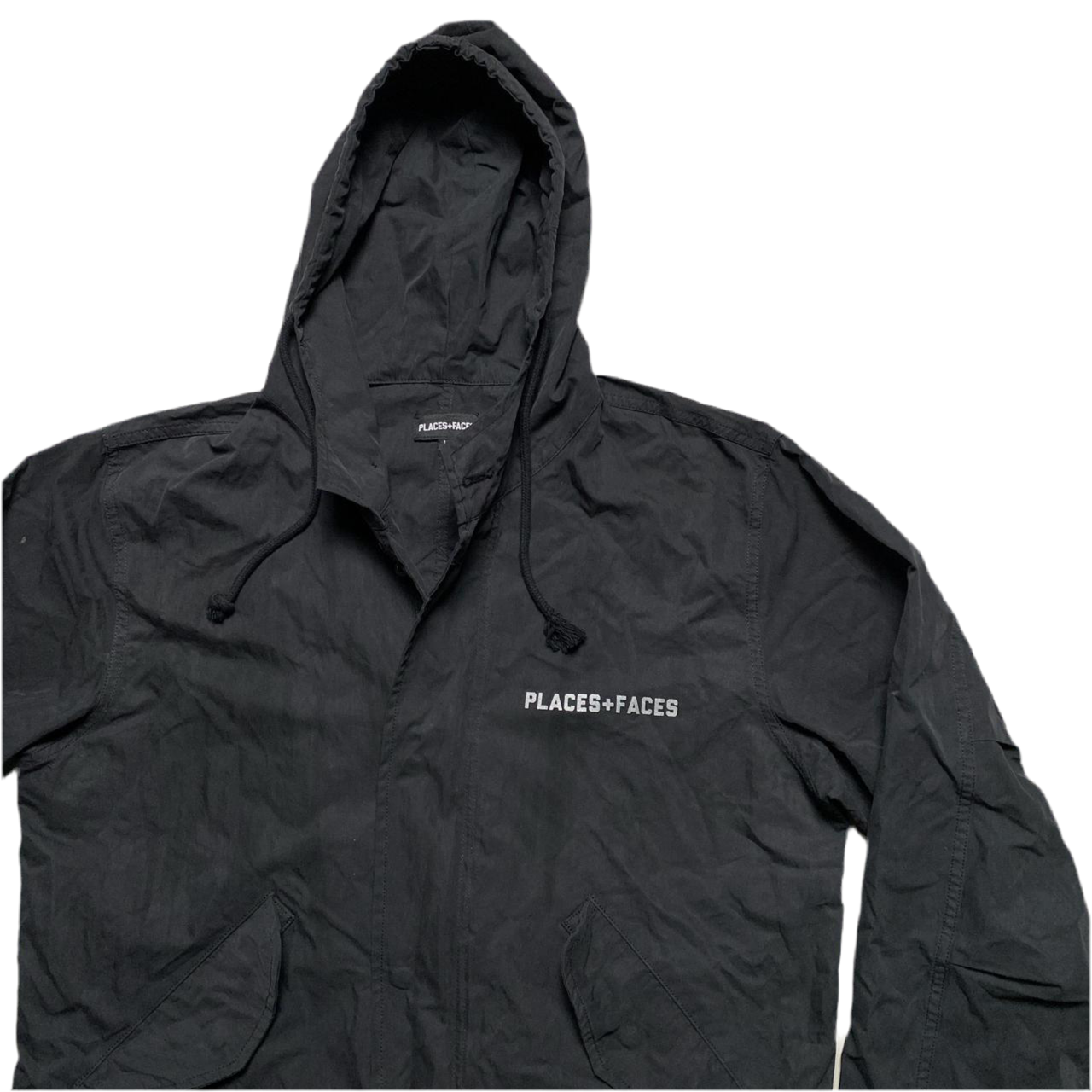 Places and Faces Black and Silver Reflective Parka Long Black Jacket (L)