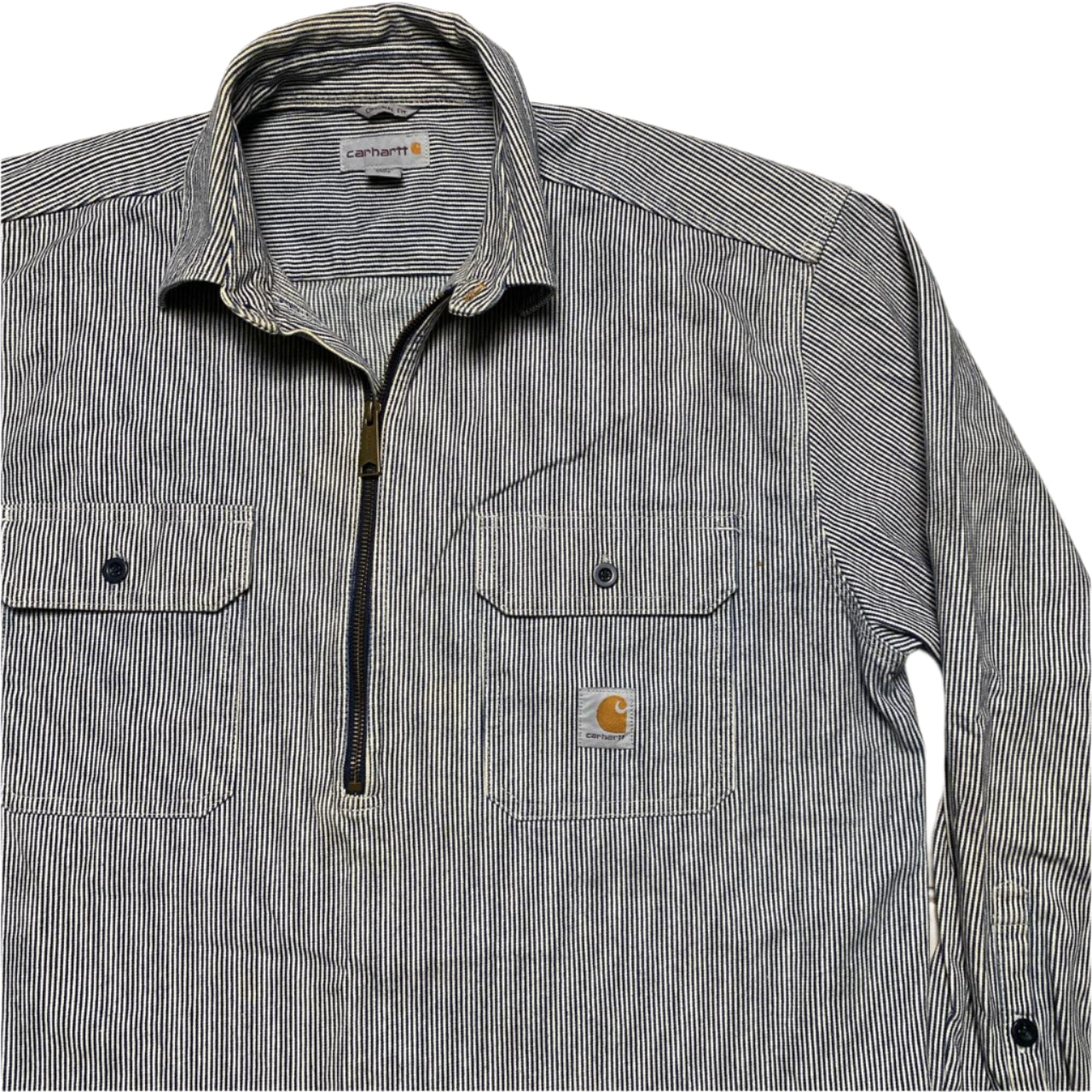 Carhartt Navy and White Striped Quarter Zip Heavy Shirt (L)